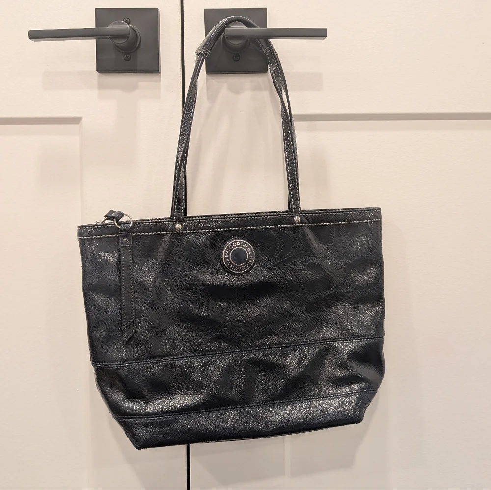 COACH Monogrammed Elegant Navy Leather Tote Shoulder Bag